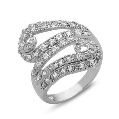 Sterling Silver Ring Oppositive Dbl Cubic Zirconia Swirl Lines