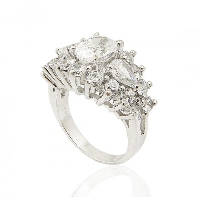 Sterling Silver Ring 8X6mm Oval Clear Cubic Zirconia+Tear Drop both Side with Cubic Zirconia A