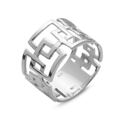 Sterling Silver Ring Plain Up+Down Open Square Links Wide Band--E