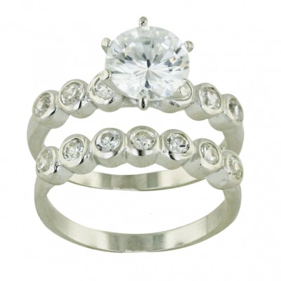 Sterling Silver Ring Engment (2Pcs Sets) 8mm Clear Cubic Zirconia with Cubic Zirconia Bezel