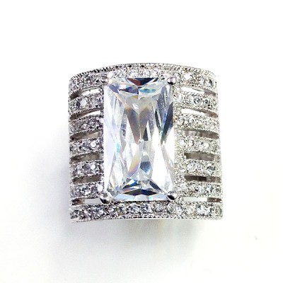 Sterling Silver Ring 16X9mm Rectangular Clear Cubic Zirconia with 7 Cubic Zirconia Row