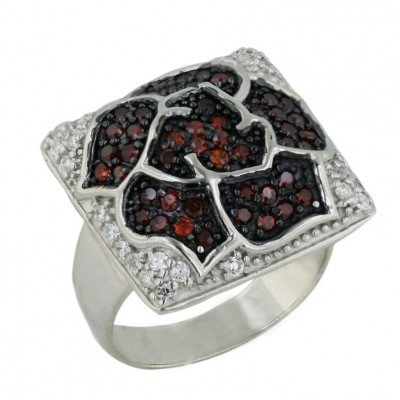 Sterling Silver Ring 21mm Garnet Cubic Zirconia Rose with Clear Cubic Zirconia Around--Black Rhodium Plating/Nickle Free-