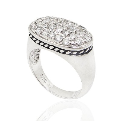 Sterling Silver Ring Oval Pave Clear Cubic Zirconia with Oxidized Rope Sided