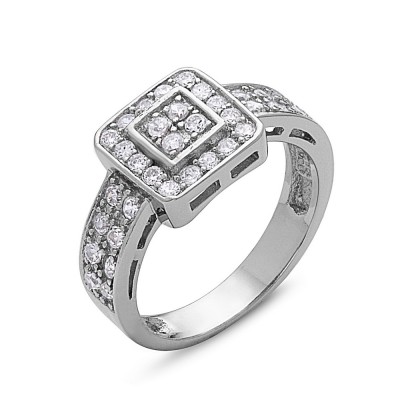 Sterling Silver Ring 10X10mm Clear Cubic Zirconia Square Double Layer