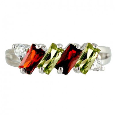 Sterling Silver Ring 4 Slanted Garnet +Olivine Cubic Zirconia Baguette with Cubic Zirconia