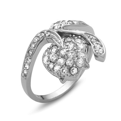 Sterling Silver Ring Oppositive Pave Clear Cubic Zirconia Tulip