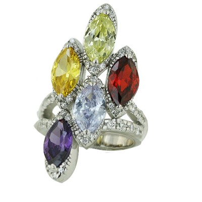 Sterling Silver Ring 5 Light Per.+Garnet +Yellow+Lv+Ame Cubic Zirconia Marquis with Cubic Zirconia