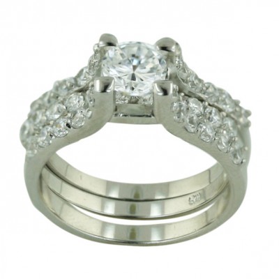 Sterling Silver Ring Engment (2Pcs Sets) 6mm Round Clear Cubic Zirconia with Cubic Zirconia