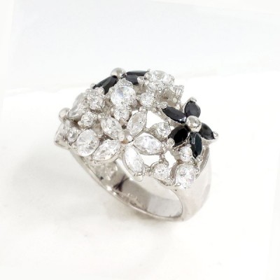 Sterling Silver Ring Marquis Black+Clear Cubic Zirconia Flower Dome