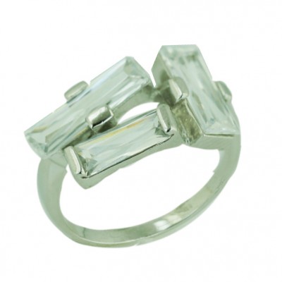 Sterling Silver Ring 3 Baguette Clear Cubic Zirconia