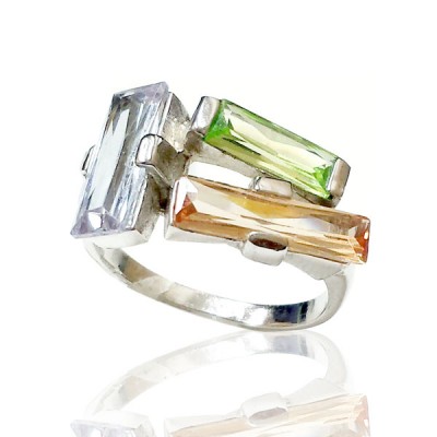 Sterling Silver Ring 3 Baguette Lv,Light Per.,Champagne Cubic Zirconia