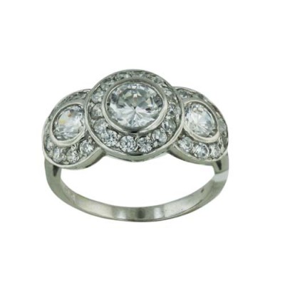 Sterling Silver Ring Tri-Stone Round Clear C Z