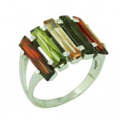 Sterling Silver Ring 5 Garnet, Olivine,Champagne,Olivine,Garnet Cubic Zirconia Baguette Track
