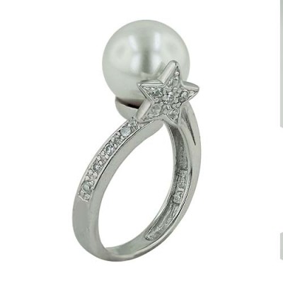 Sterling Silver Ring 10mm White Faux Pearl+Clear Cubic Zirconia Star