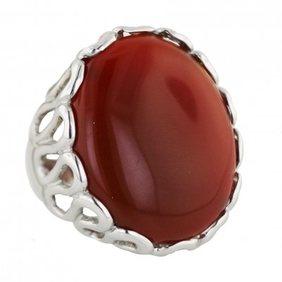 Sterling Silver Ring Cabochon Oval Carnelian with Wavy Sided