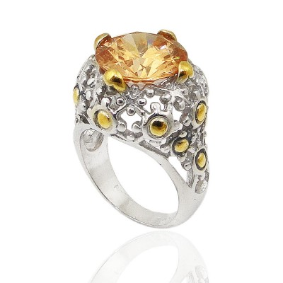 Sterling Silver Ring 12mm Round Champagne Cubic Zirconia+2 Tone Oxidized Sided