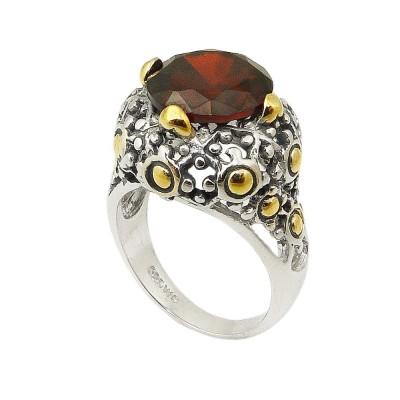 Sterling Silver Ring 12mm Round Garnet Cubic Zirconia+2 Tone Oxidized Sided