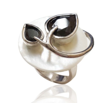 Sterling Silver Ring 25mm Round Mother of Pearl with 2 Black Cubic Zirconia Tear Drop Leaf