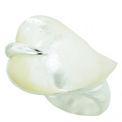 Sterling Silver Ring 23X17mm White Mother of Pearl Cabochon Heart Leaf--E-coated