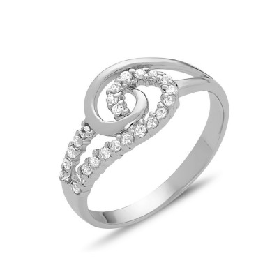Sterling Silver Ring Plain+Clear Cubic Zirconia Oppositive Links Swirl