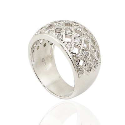 Sterling Silver Ring Open+Clear Cubic Zirconia Checkerboard