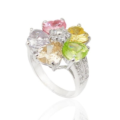 Sterling Silver Ring 5 (W=7mm) Pink,Yellow,Lg,Champagne,Lv Cubic Zirconia Heart Petals