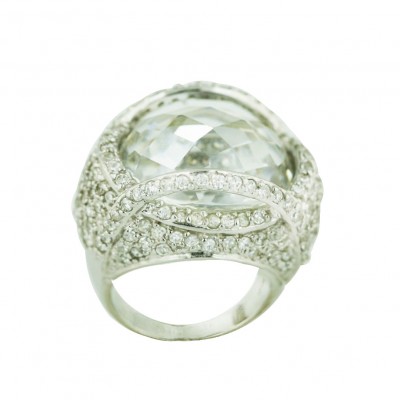 Sterling Silver Ring 20mm Clear Cubic Zirconia Rectangular Chess Cut Dome with Pave Cubic Zirconia