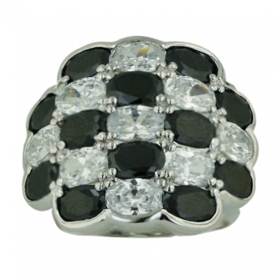 Sterling Silver Ring (21Pcs) 6X4mm Oval Black,Clear Cubic Zirconia--Rhodium Plating/Nickle Free--