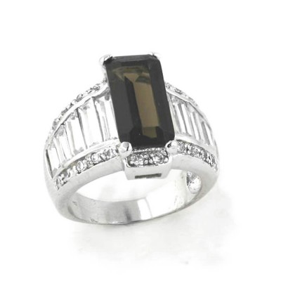 Sterling Silver Ring 14X7mm Rectangular Smokey Glass Ctr+Clear Cubic Zirconia Baguet