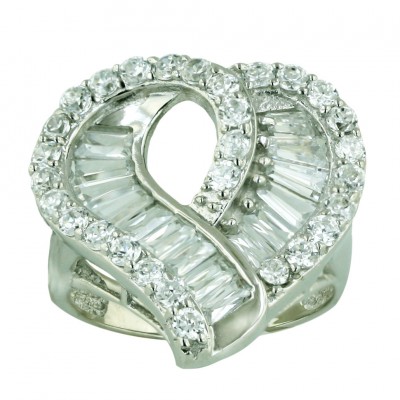 Sterling Silver Ring Clear Cubic Zirconia Baguette Heart with Pave Cubic Zirconia Around--E-coated