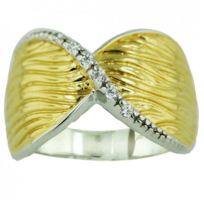 Sterling Silver Ring Twisted Gold Tone (Line Texture) with Clear Cubic Zirconia