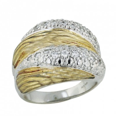 Sterling Silver Ring 2 Pave Cubic Zirconia Lines+Gold Tone Line Texture