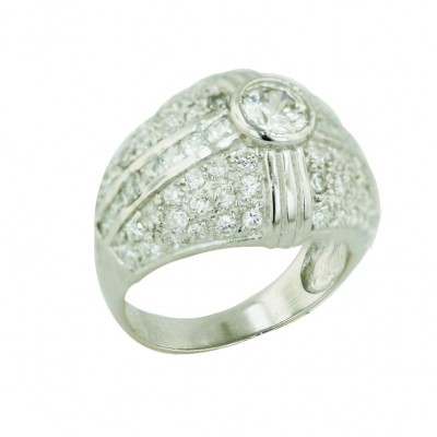 Sterling Silver Ring Pave Clear Cubic Zirconia+Bezel Ctr+Cubic Zirconia Channel Setting
