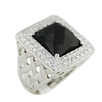 Sterling Silver Ring 15X15mm Chess Cut Square Black Cubic Zirconia Dome+Pave Clear