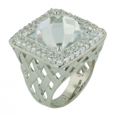 Sterling Silver Ring 15X15mm Chess Cut Square Clear Cubic Zirconia Dome+Pave Clear