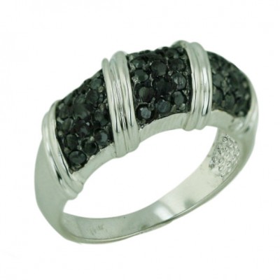 Sterling Silver Ring Pave Black Cubic Zirconia+Plain Lines Wrap Around - 9