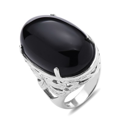 SS Ring 27.5X17Mm Oval Cabochon Onyx+Plain Leaf Si