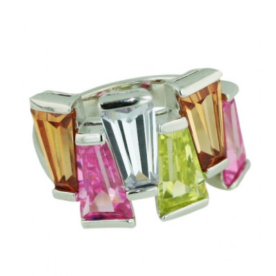 Sterling Silver Ring 6 Up+Down Champagne,Pink,Lv,Lg,Champagne,Pink Cubic Zirconia