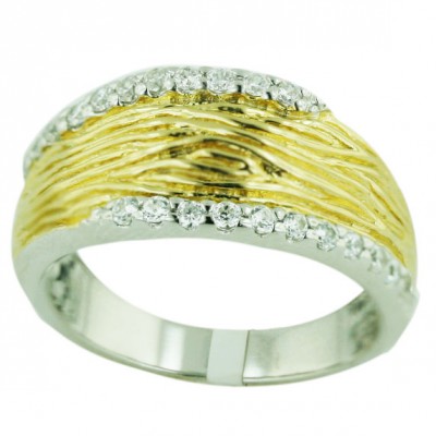Sterling Silver Ring Lines Texture Gold Tone (18K 5Mils) with Cubic Zirconia