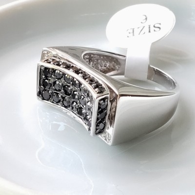 Sterling Silver Ring Concave Pave Black Cubic Zirconia/Clear Cubic Zirconia