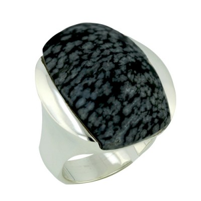 Sterling Silver Ring L=26mm Chess Cut Rectangular Snowflake Obsidian (#