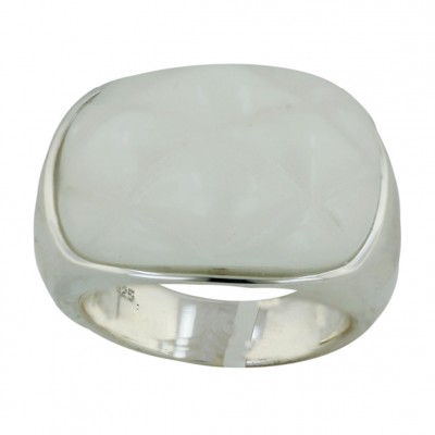 Sterling Silver Ring Cabochon Chess Cut White Jade