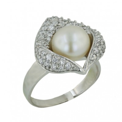 Sterling Silver Ring 9mm Clear Cubic Zirconia Tear Drop with White Fresh Water Pearl