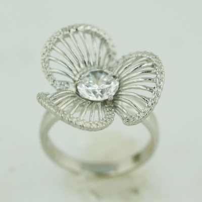 Sterling Silver Ring 7mm Clear Cubic Zirconia Ctr+3 Open Lines Petals Flower