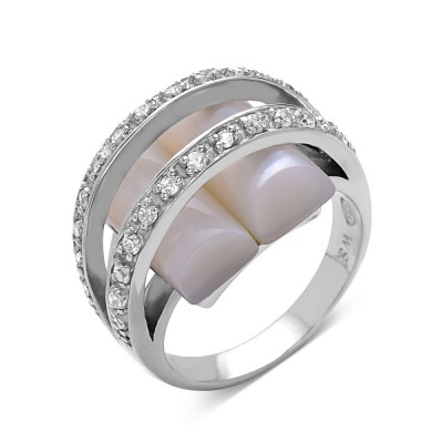 SS Ring 2 White Mop W/ 2 Cz Lines Bypass