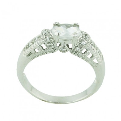 Sterling Silver Ring Faceted Clear Cubic Zirconia with Pave Clear Cubic Zirconia Sided - 9
