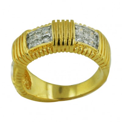 Sterling Silver Ring Gold Tone Lines+Clear Cubic Zirconia