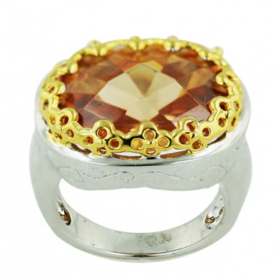Sterling Silver Ring 15mm Oval Champagne Cubic Zirconia Gold Tone Flowery Chess Cut