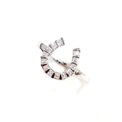 Sterling Silver Ring 1.5mm Square Clear Cubic Zirconia Horseshoe