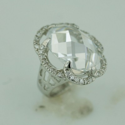 Sterling Silver Ring 22X20mm Chess Cut Oval Clear Cubic Zirconia with Cubic Zirconia Around
